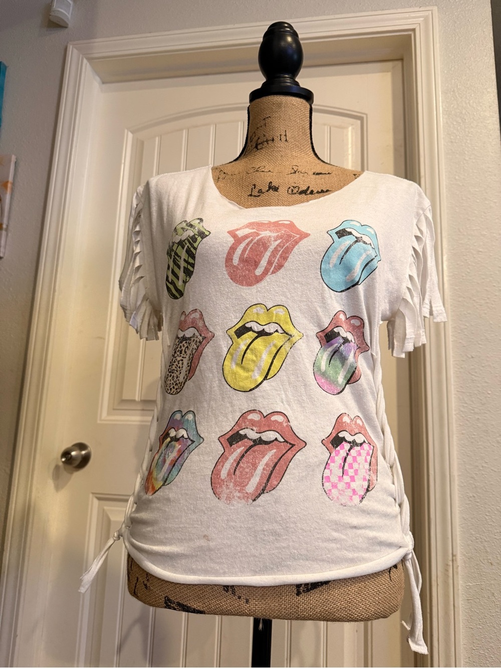 Rolling Stones Upcycled Fringe Tee – Size Small